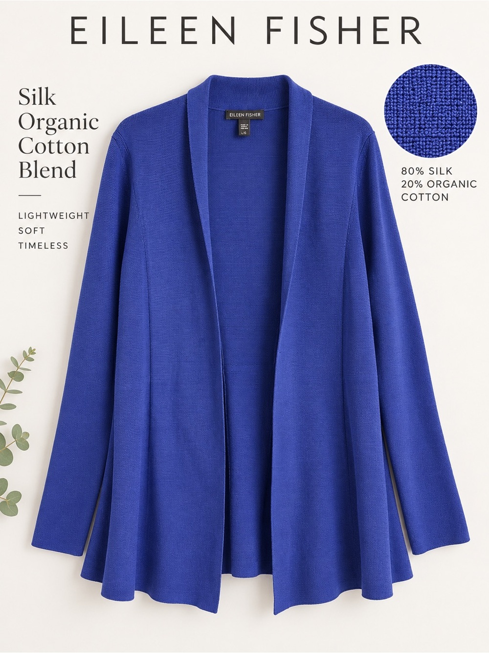 EILEEN FISHER Royal Blue Silk-Blend Open Front Cardigan Size Large Quiet Luxury